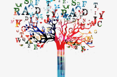 Drawing of a colourful pencil standing on its point; it turns into a tree at the top with letters in the branches.