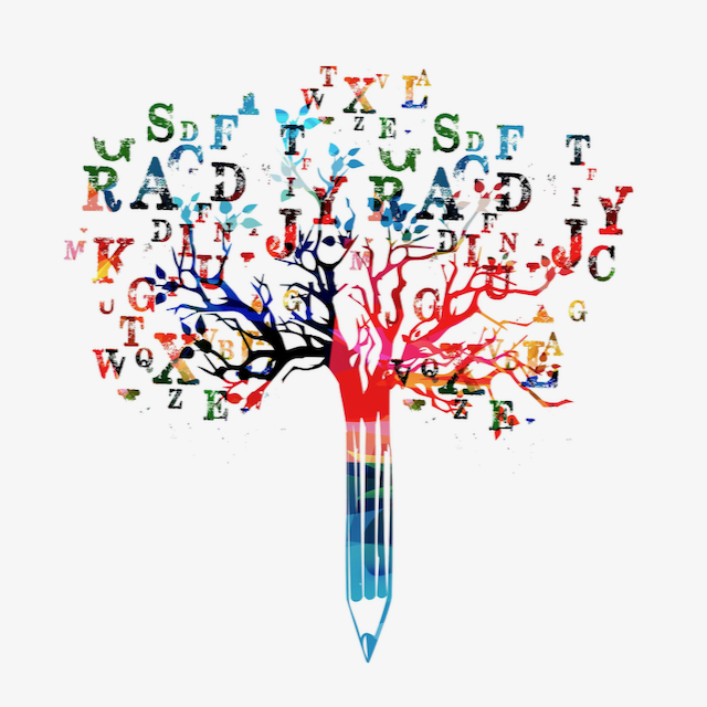 Drawing of a colourful pencil standing on its point; it turns into a tree at the top with letters in the branches.