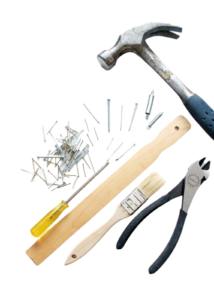 Photo of hammer, nails, ruler, screwdriver, small paintbrush and pliers, on a white background