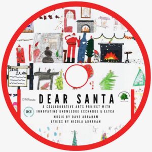 CD artwork for the Dear Santa recording, featuring hand drawings of Christmas scenes